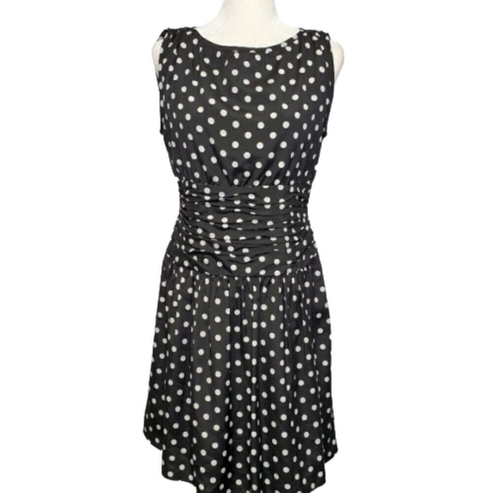 Y2K ELIZA J Royal Collection black polka dot sleeveless ruched waist dress 8